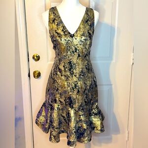 Josie by Natori Gold Foil Printed Dress | size 6